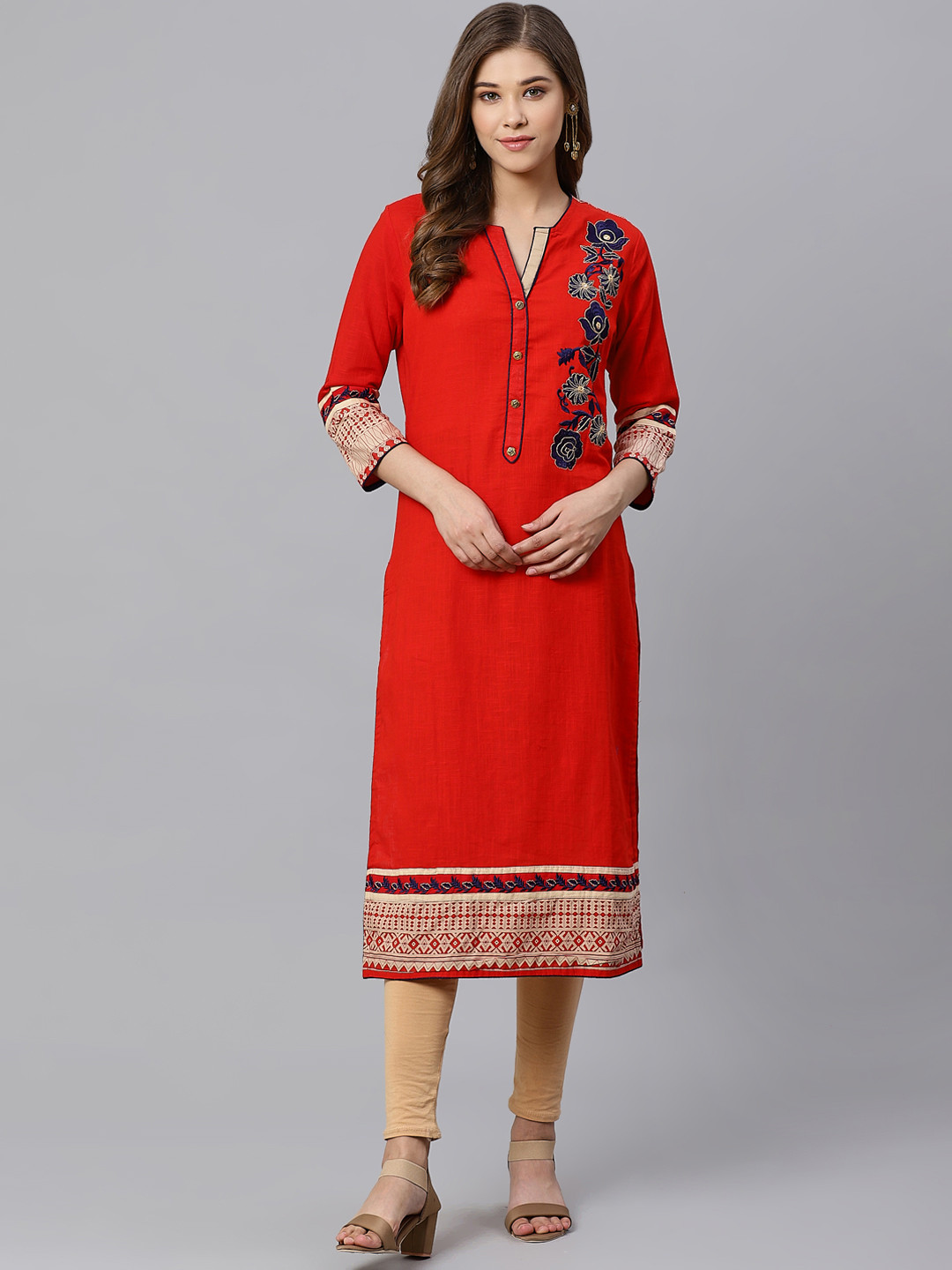 

Kifahari Women Red Embroidered Straight Kurta
