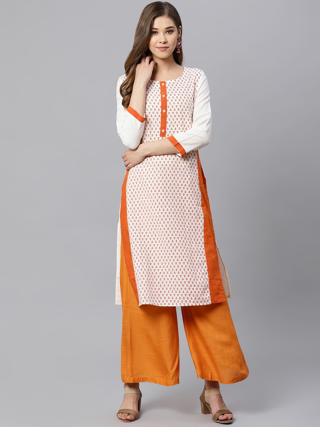 

Kifahari Women White & Orange Printed Straight Kurta