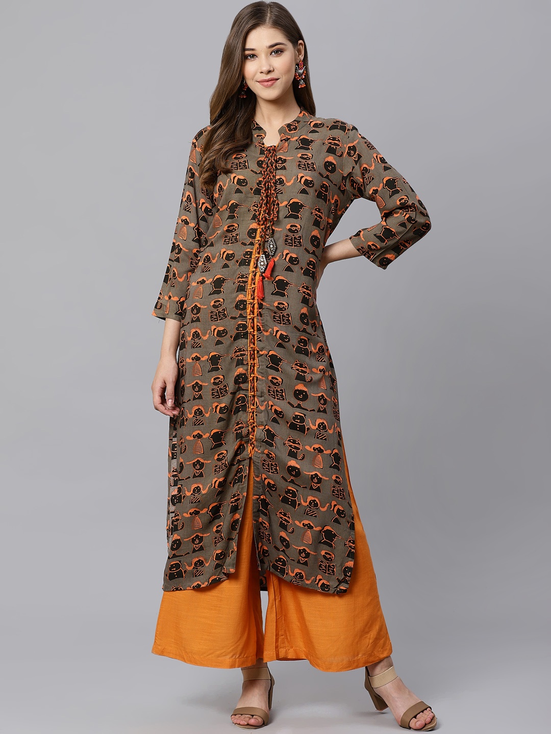 

Kifahari Women Olive Green & Orange Quirky Print A-Line Kurta