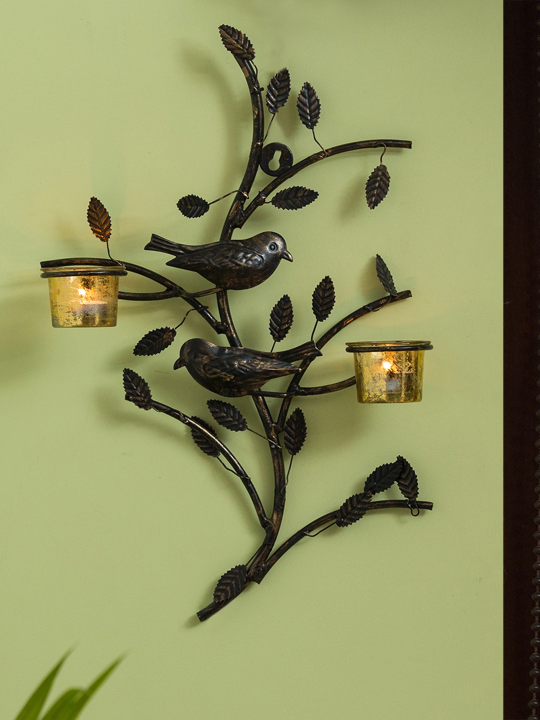 

ExclusiveLane Birds On Branch Handcrafted Wall Sconce Tea Light Candle Holder With Glass, Gold