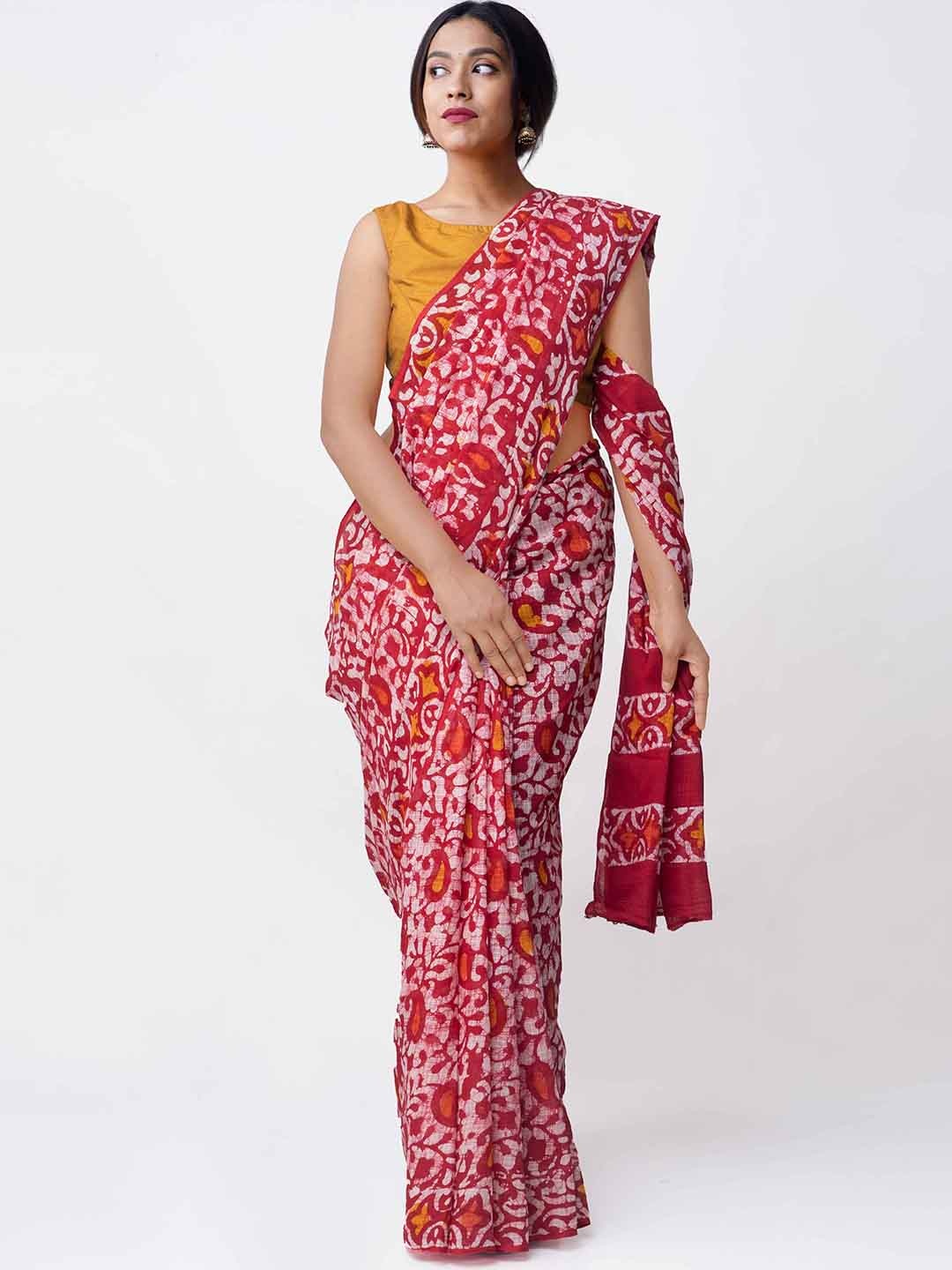 

Unnati Silks Red & Off-White Pure Cotton Batik Printed Kota Saree