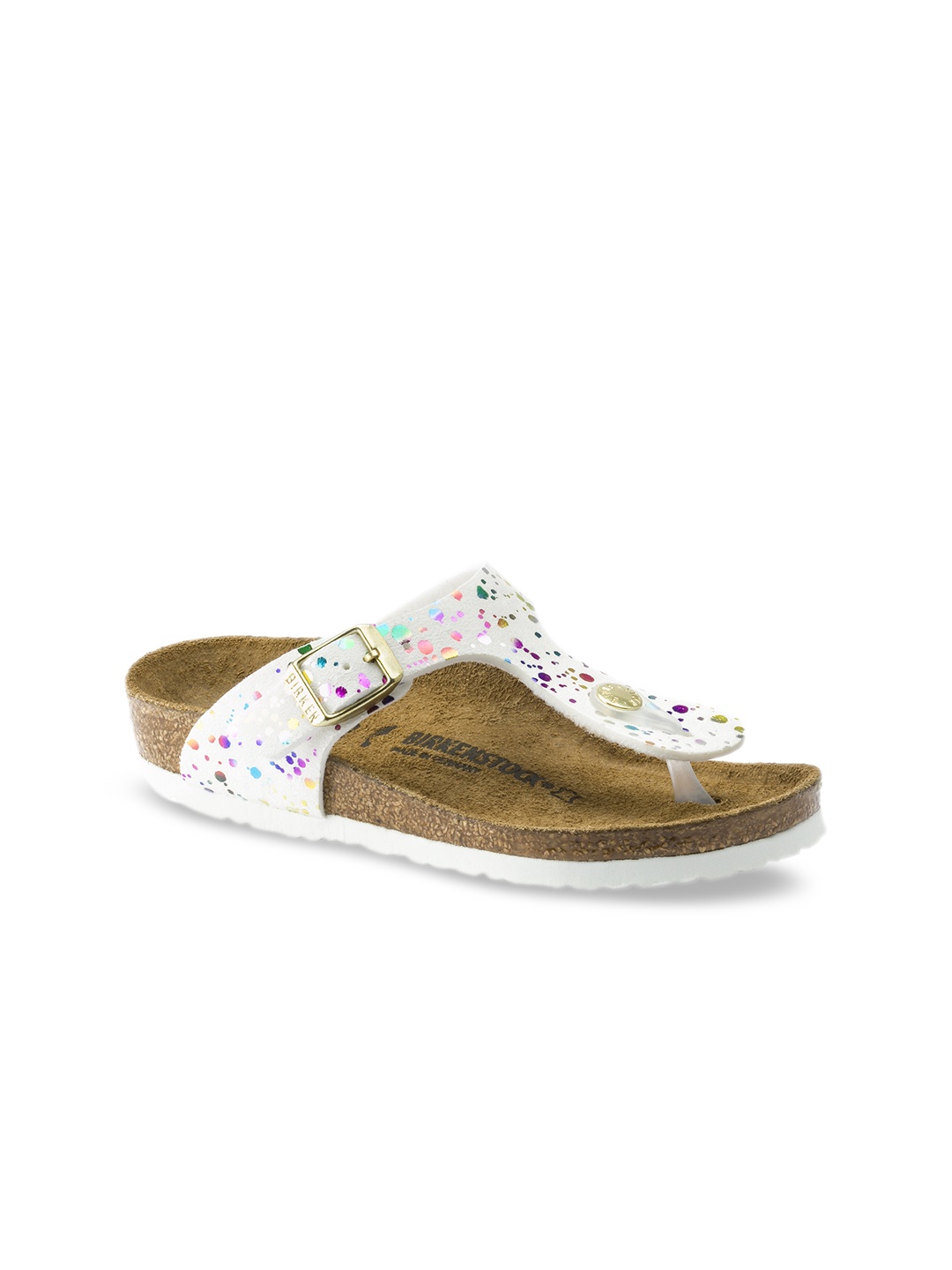 

Birkenstock Girls White Confetti Print Gizeh Synthetics T-Strap Narrow Width Flats