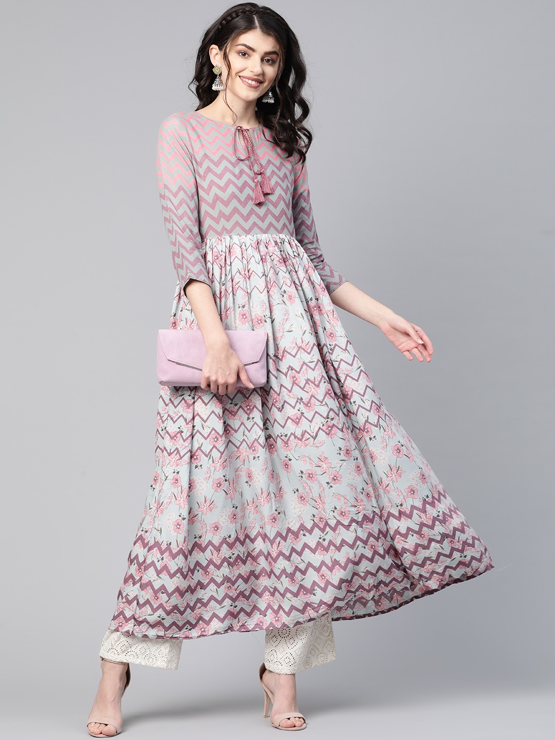 

HERE&NOW Flowery Zigzag Anarkali Kurta, Blue