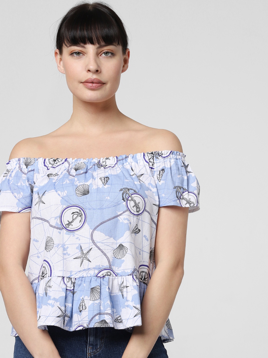 

Vero Moda Women White Printed Bardot Pure Cotton Top