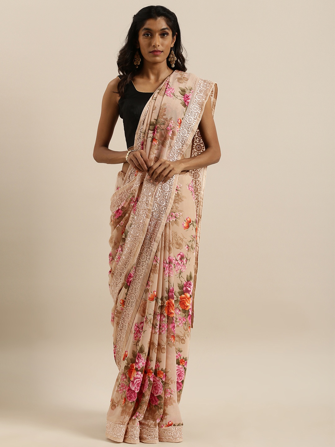 

SHANGRILA Beige & Pink Poly Georgette Printed Saree with Embroidered Detail