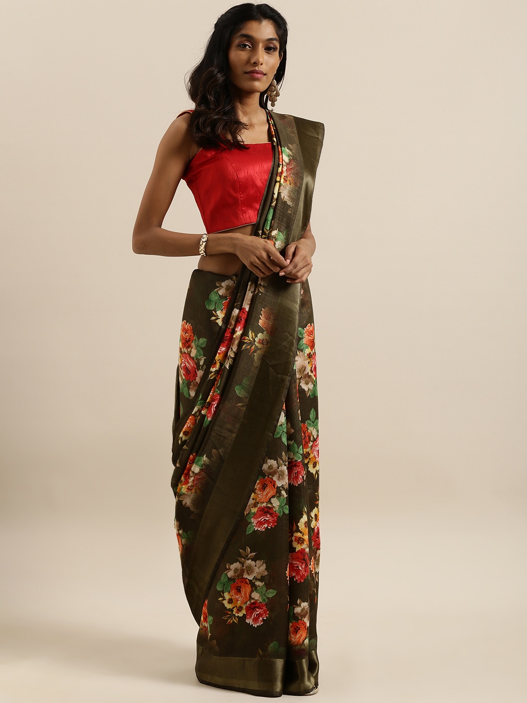 

SHANGRILA Olive Green & Red Linen Blend Printed Saree