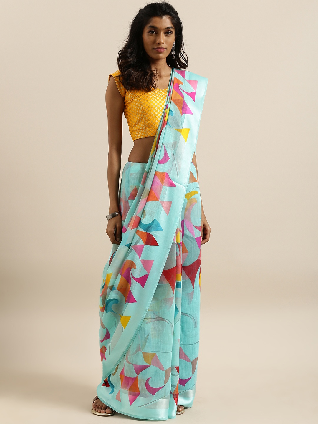 

SHANGRILA Turquoise Blue & Pink Linen Blend Printed Kota Saree