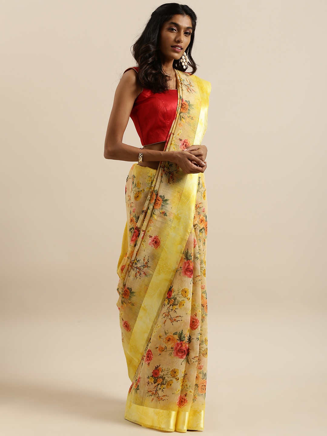 

SHANGRILA Yellow & Pink Linen Blend Printed Saree