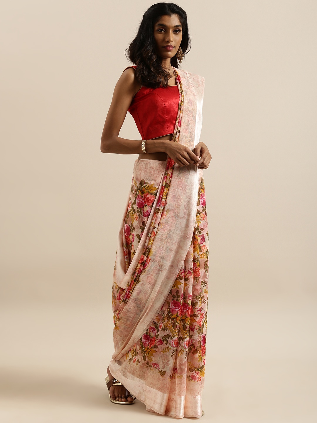 

SHANGRILA Light Pink & Yellow Linen Blend Printed Kota Saree