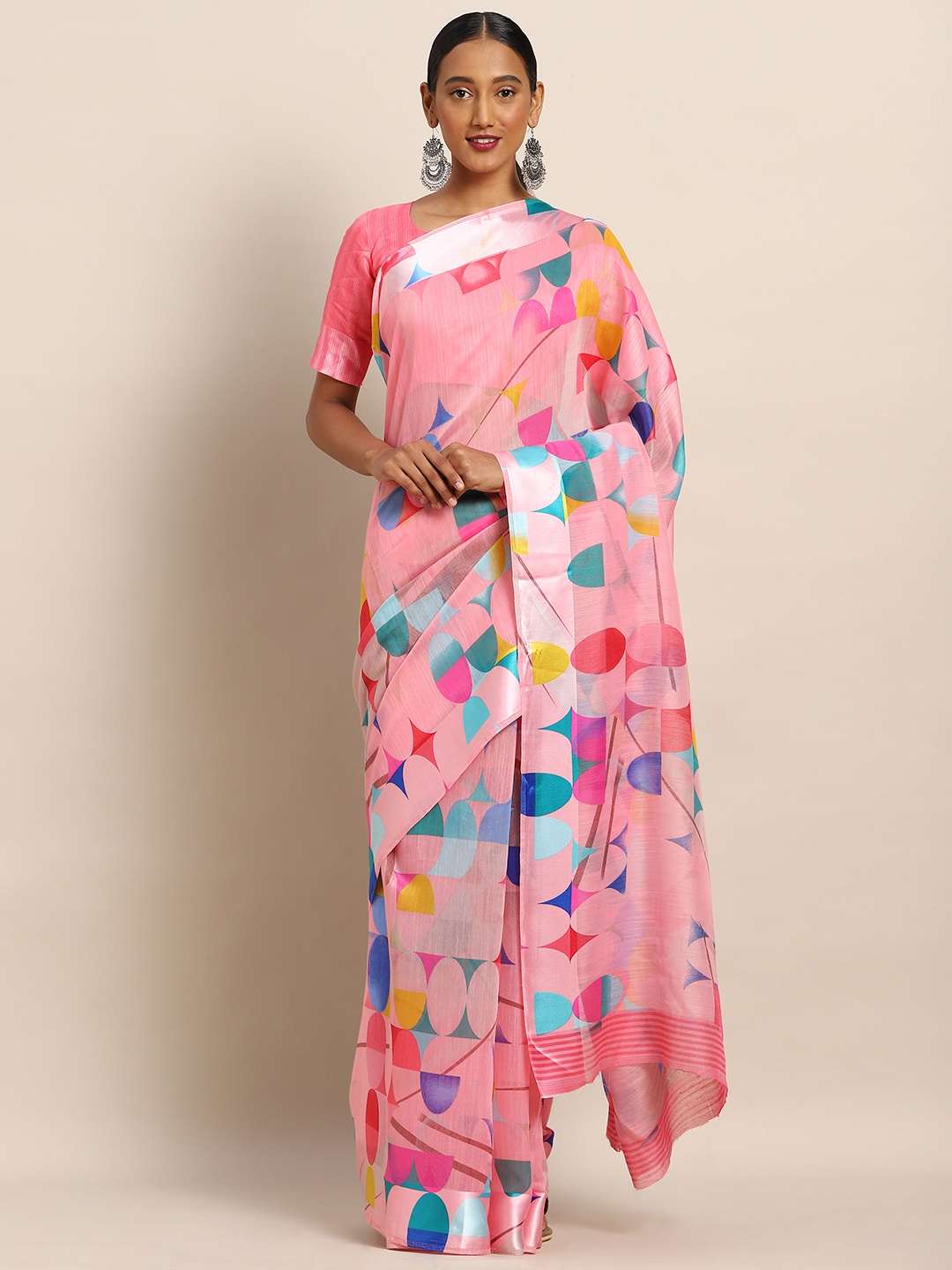 

Kvsfab Pink & Blue Linen Blend Geometric Printed Saree