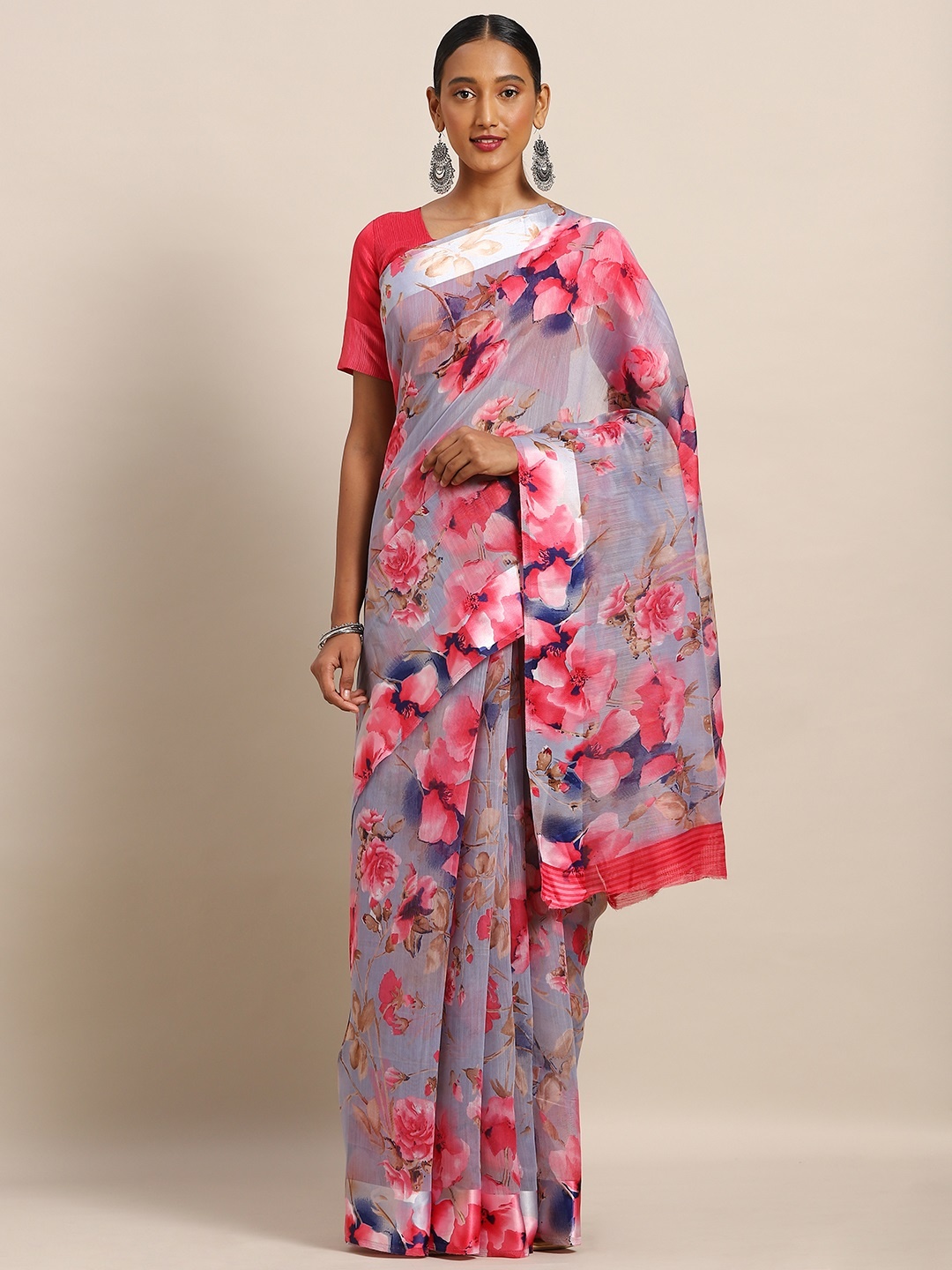 

Kvsfab Grey & Pink Linen Blend Floral Printed Saree