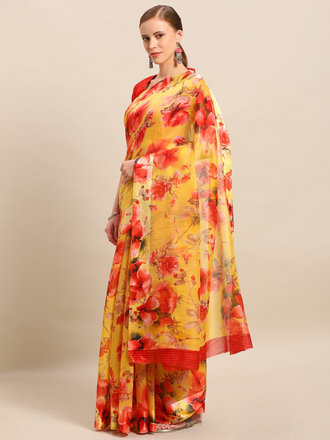 

Kvsfab Mustard Yellow & Red Linen Blend Floral Printed Saree