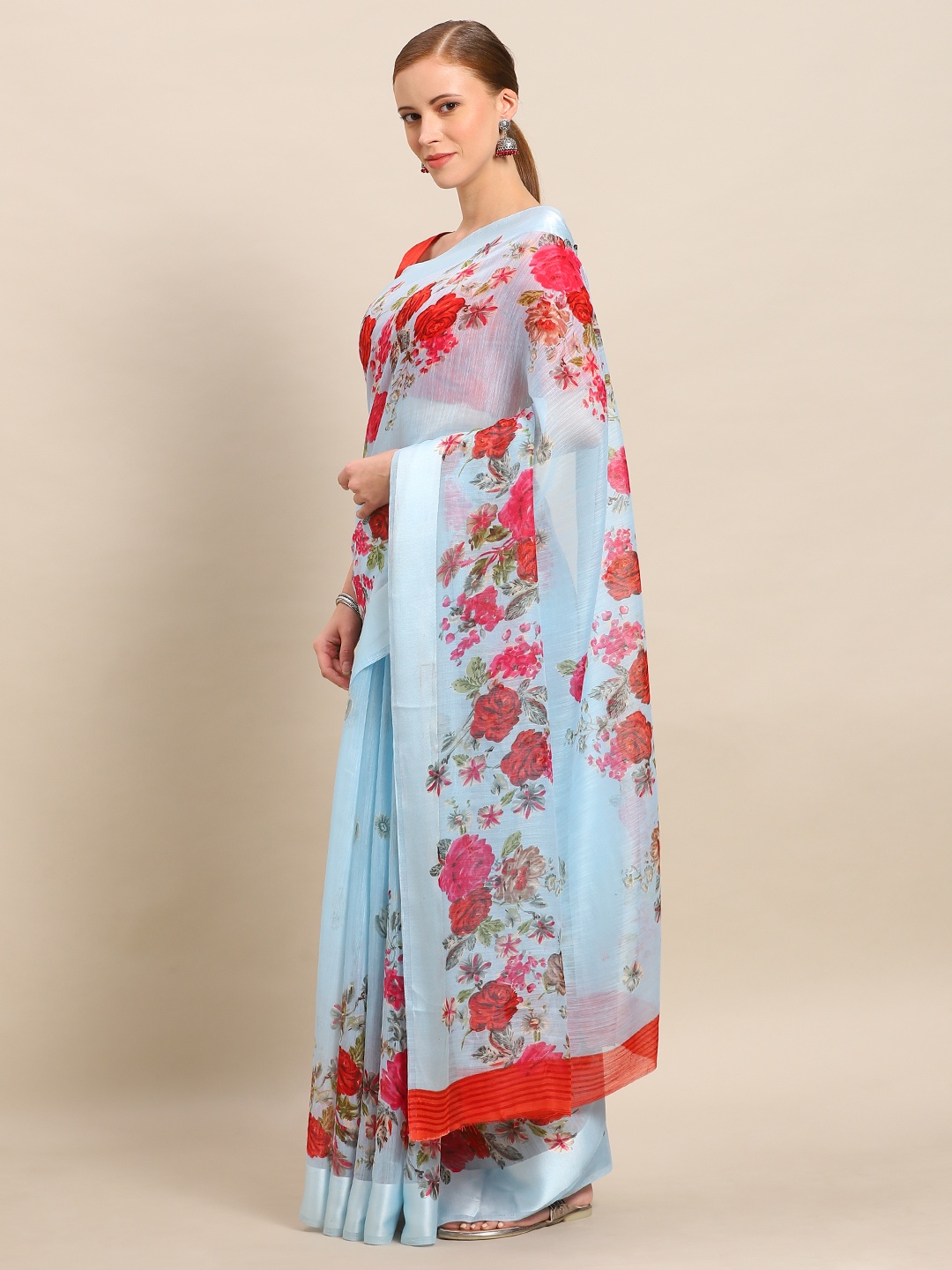

Kvsfab Blue & Red Linen Blend Digital Printed Saree