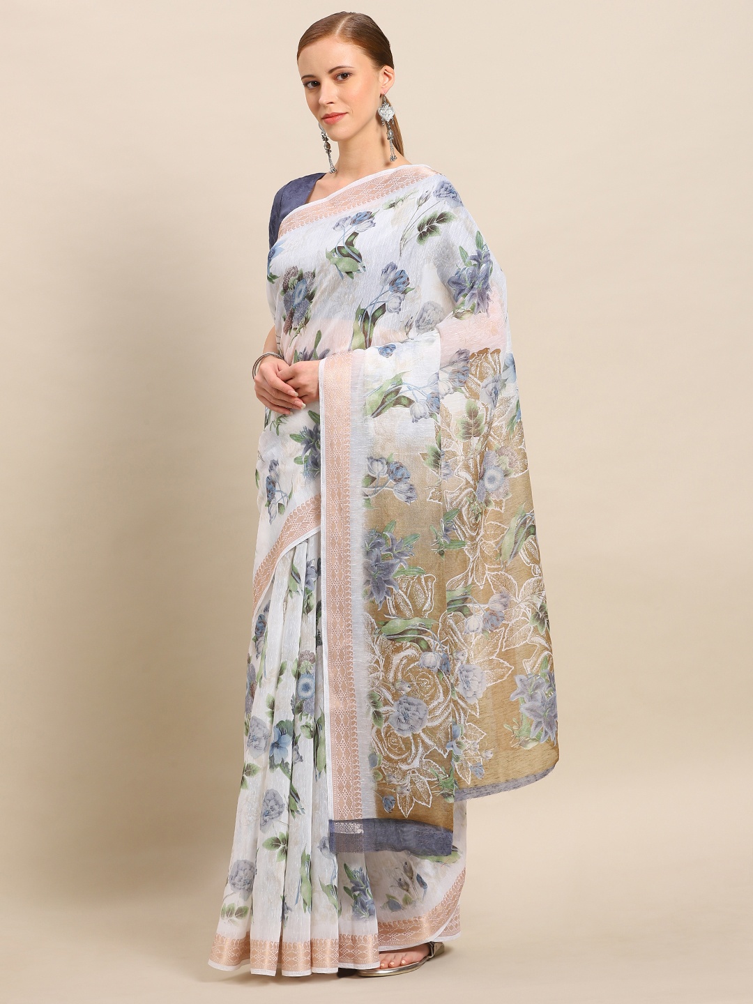 

Kvsfab Off-White & Grey Cotton Blend Digital Printed Saree