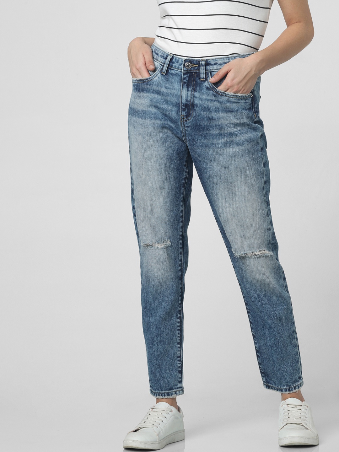 

Vero Moda Women Blue Anna Girlfriend Fit Mid-Rise Slash Knee Jeans
