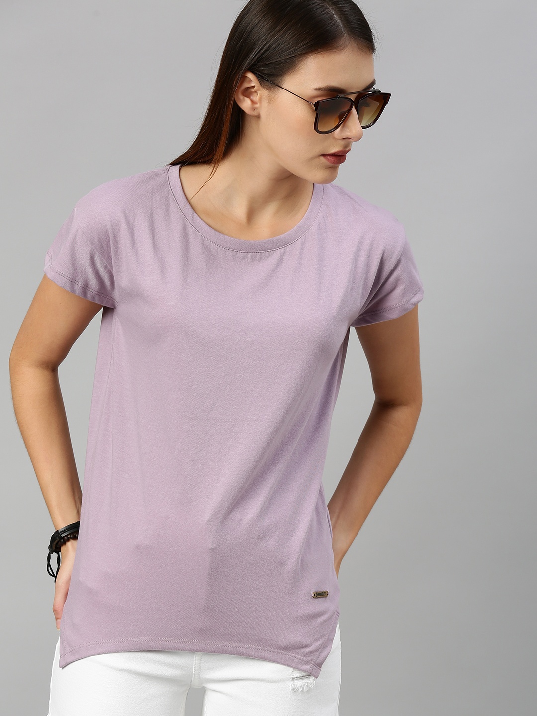 

Roadster Women Lavender Solid Round Neck T-shirt