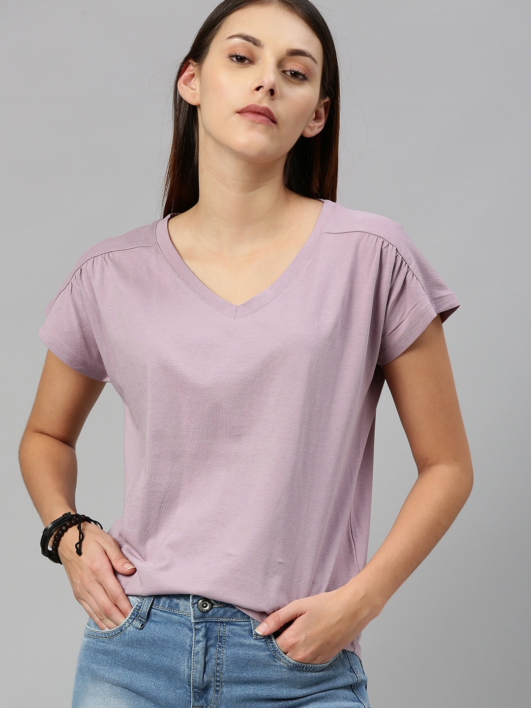 

Roadster Women Lavender V-Neck Gathered Cotton Pure Cotton T-shirt