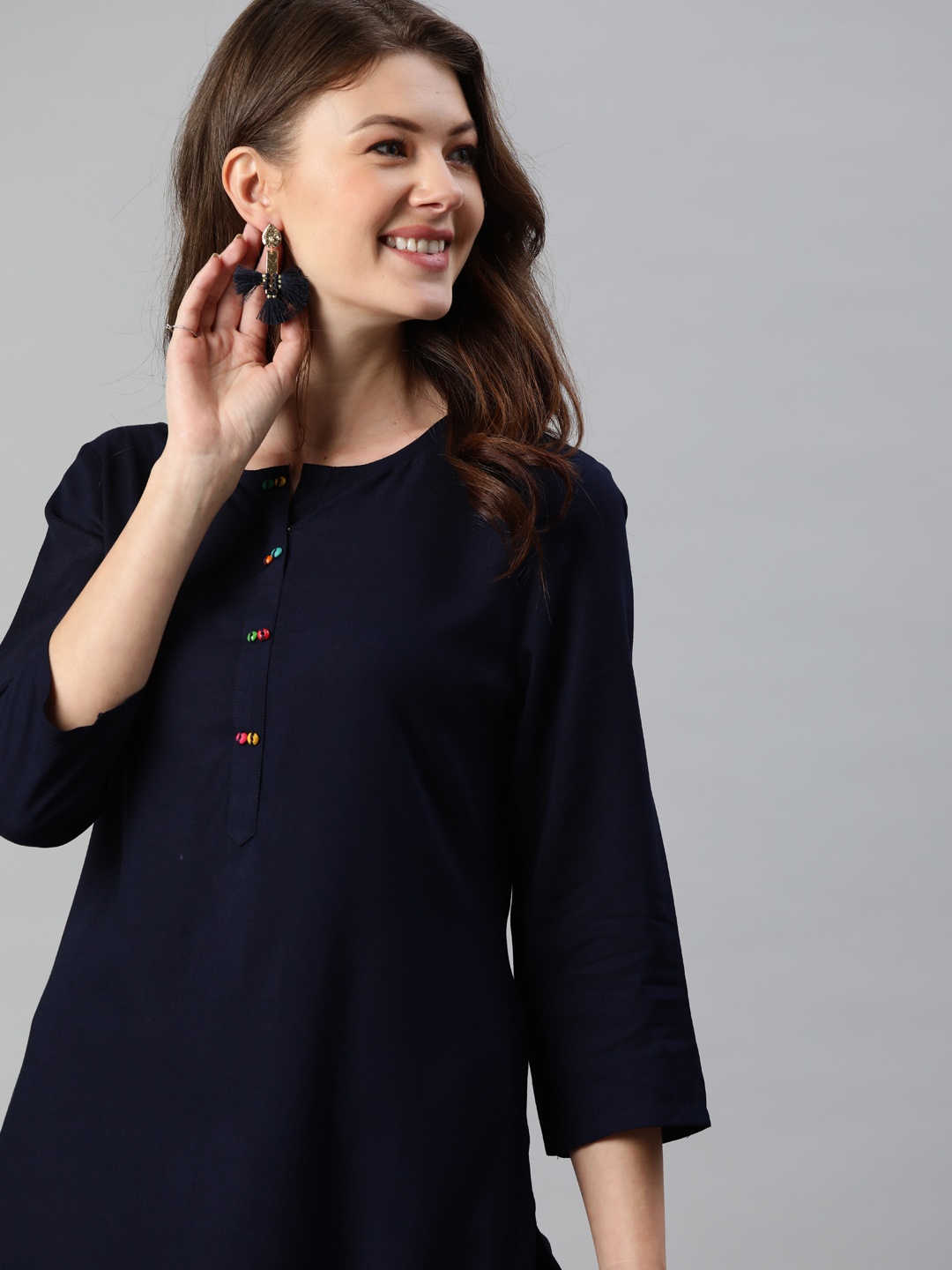 

Anouk Women Navy Blue Solid Straight Kurti