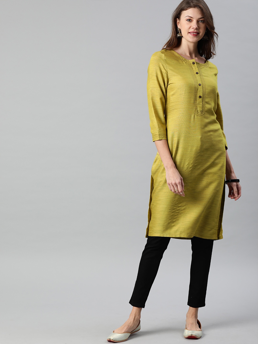 

Anouk Women Olive Green Solid Straight Kurta