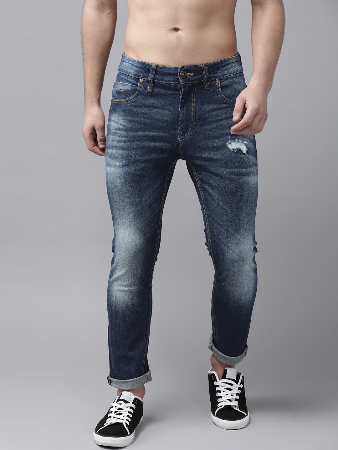 

Roadster Men Navy Blue Skinny Fit Mid-Rise Low Distress Stretchable Jeans
