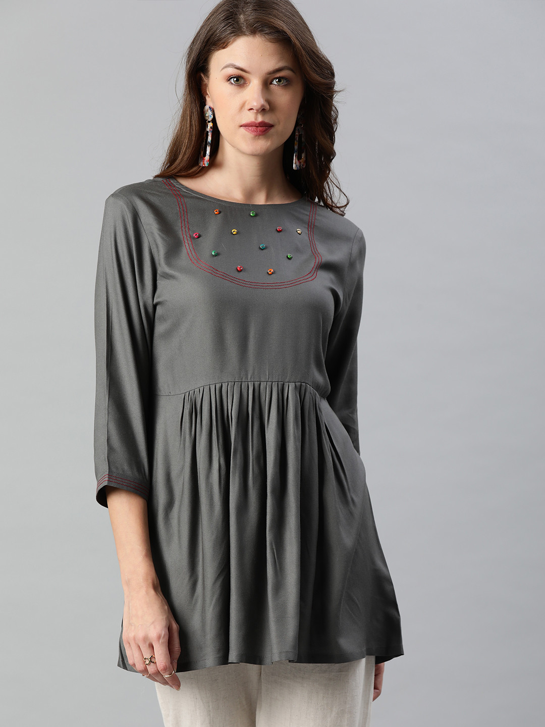 

Anouk Women Grey Solid A-Line Top
