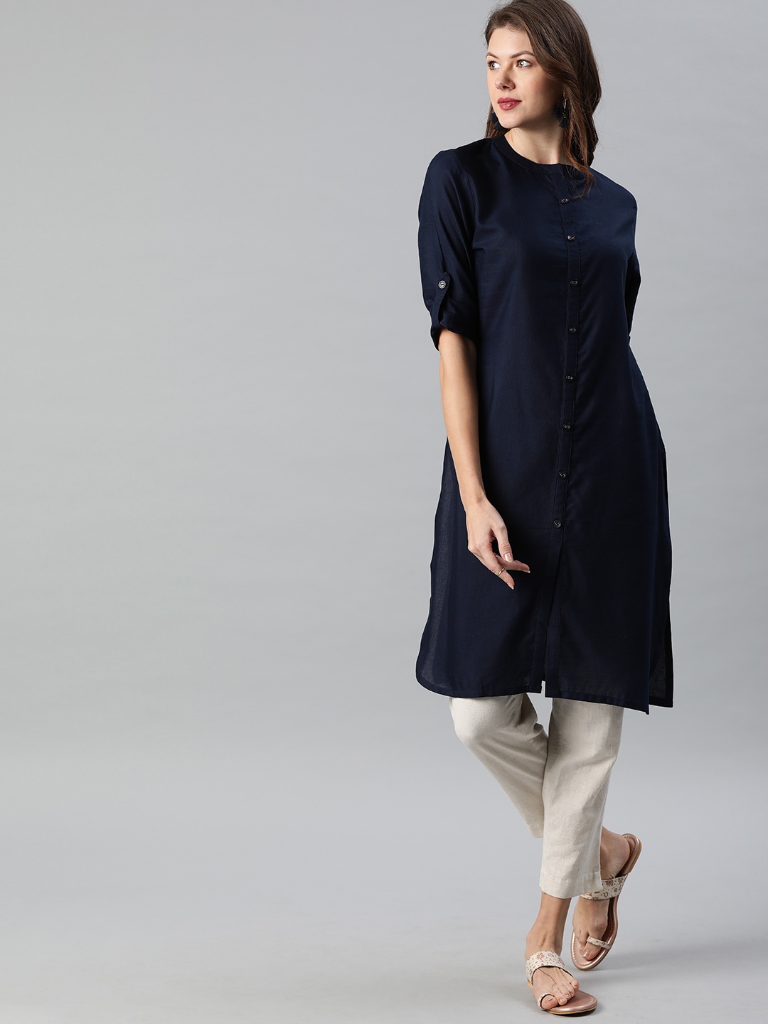 

Anouk Women Navy Blue Solid Straight Kurta
