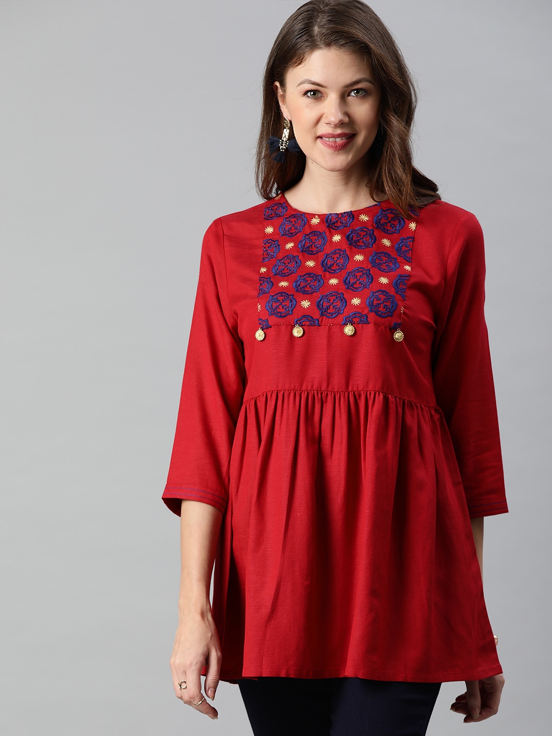 

Anouk Women Red Embroidered A-Line Top