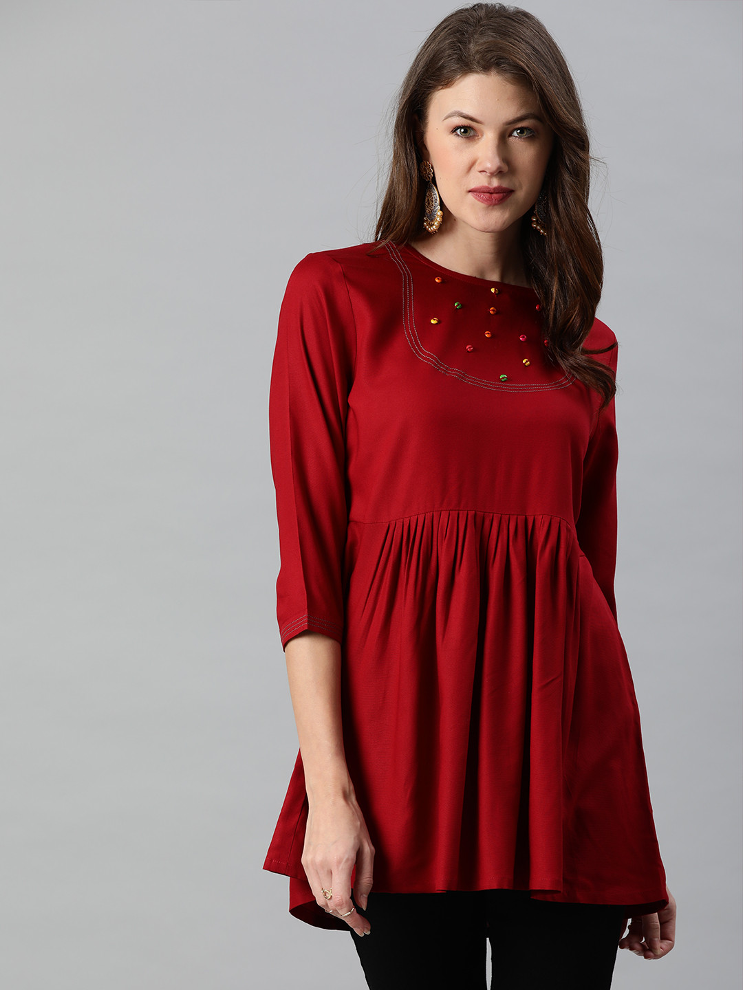 

Anouk Maroon Embellished A-Line Top