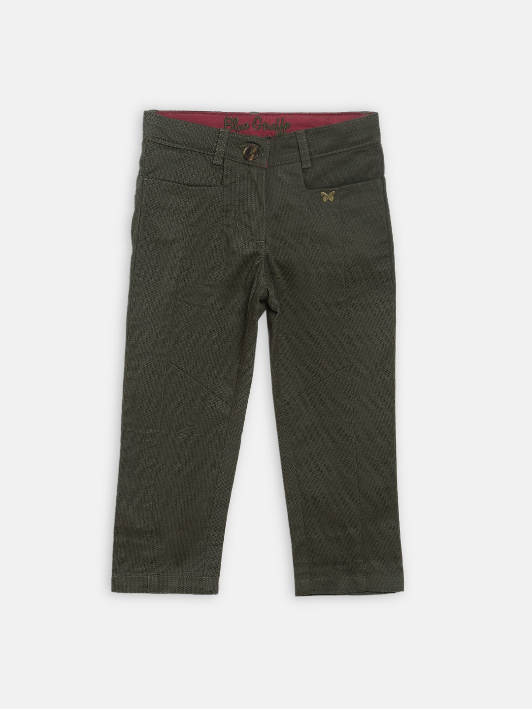 

Blue Giraffe Girls Olive Green Regular Fit Self Design Regular Trousers