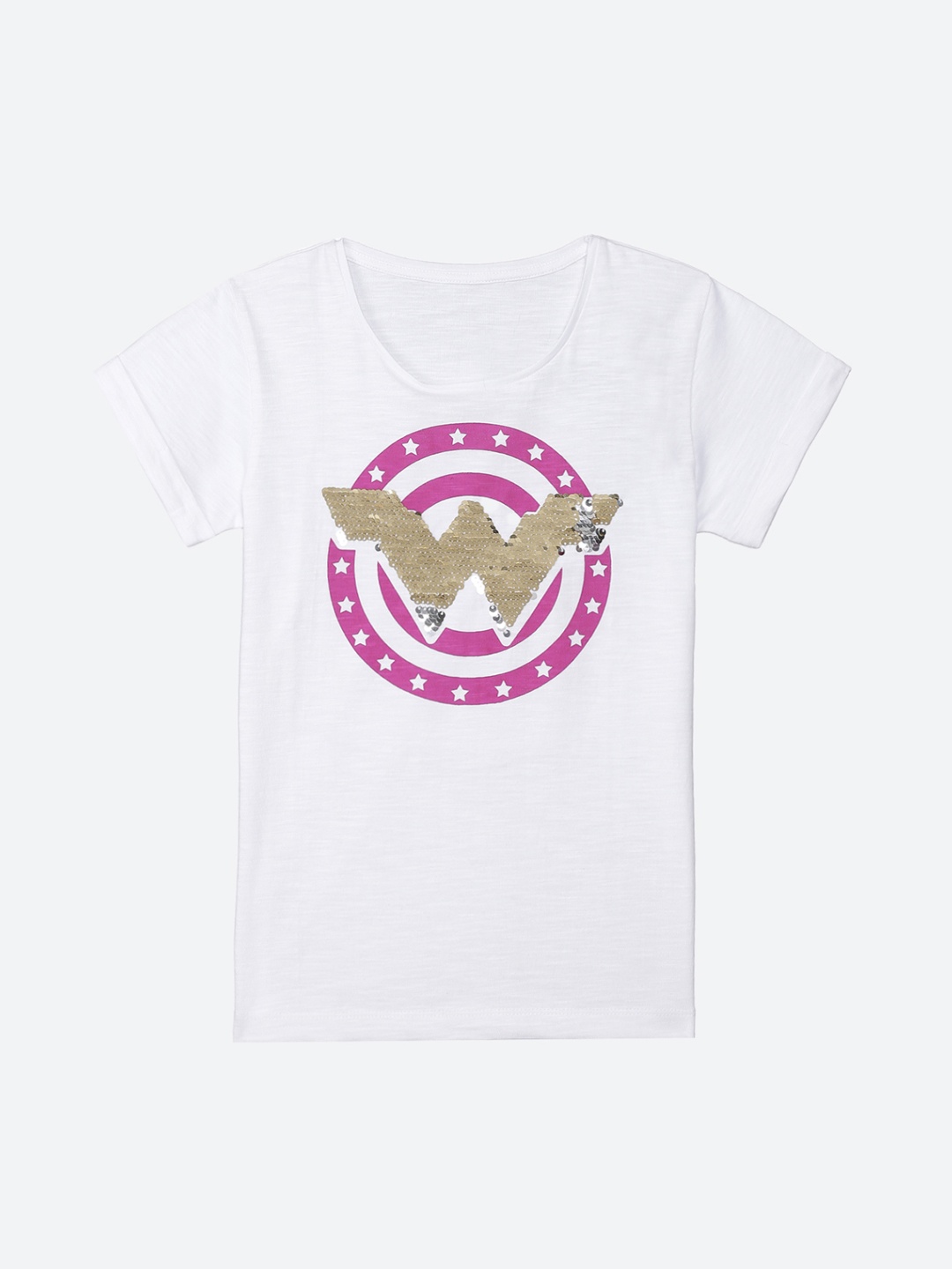 

Kids Ville Girls White Wonder Woman Sequinned Round Neck Pure Cotton T-shirt