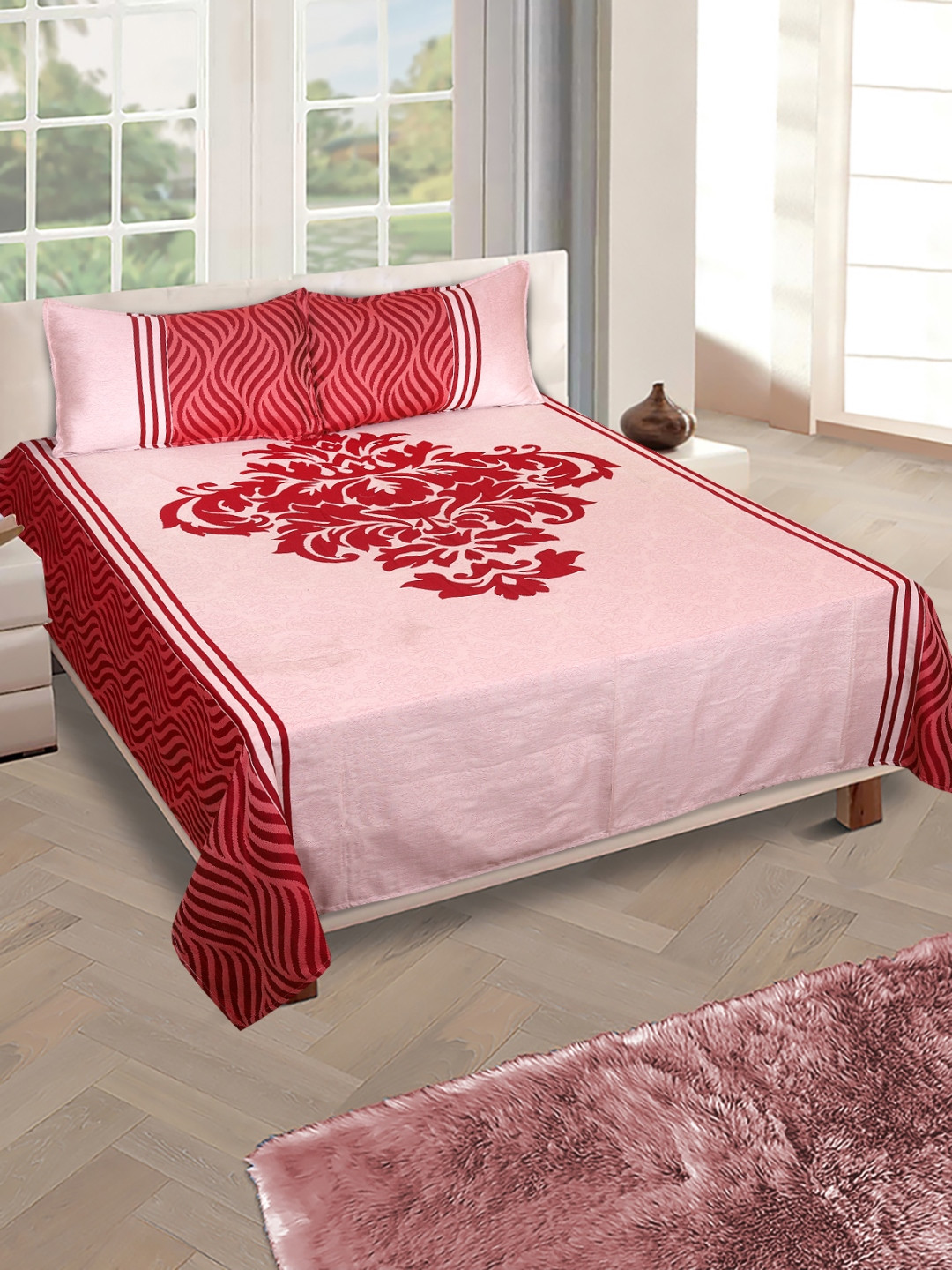 

ROMEE Red & Pink Woven Design Reversible Double Bed Cover With 2 Pillow Covers