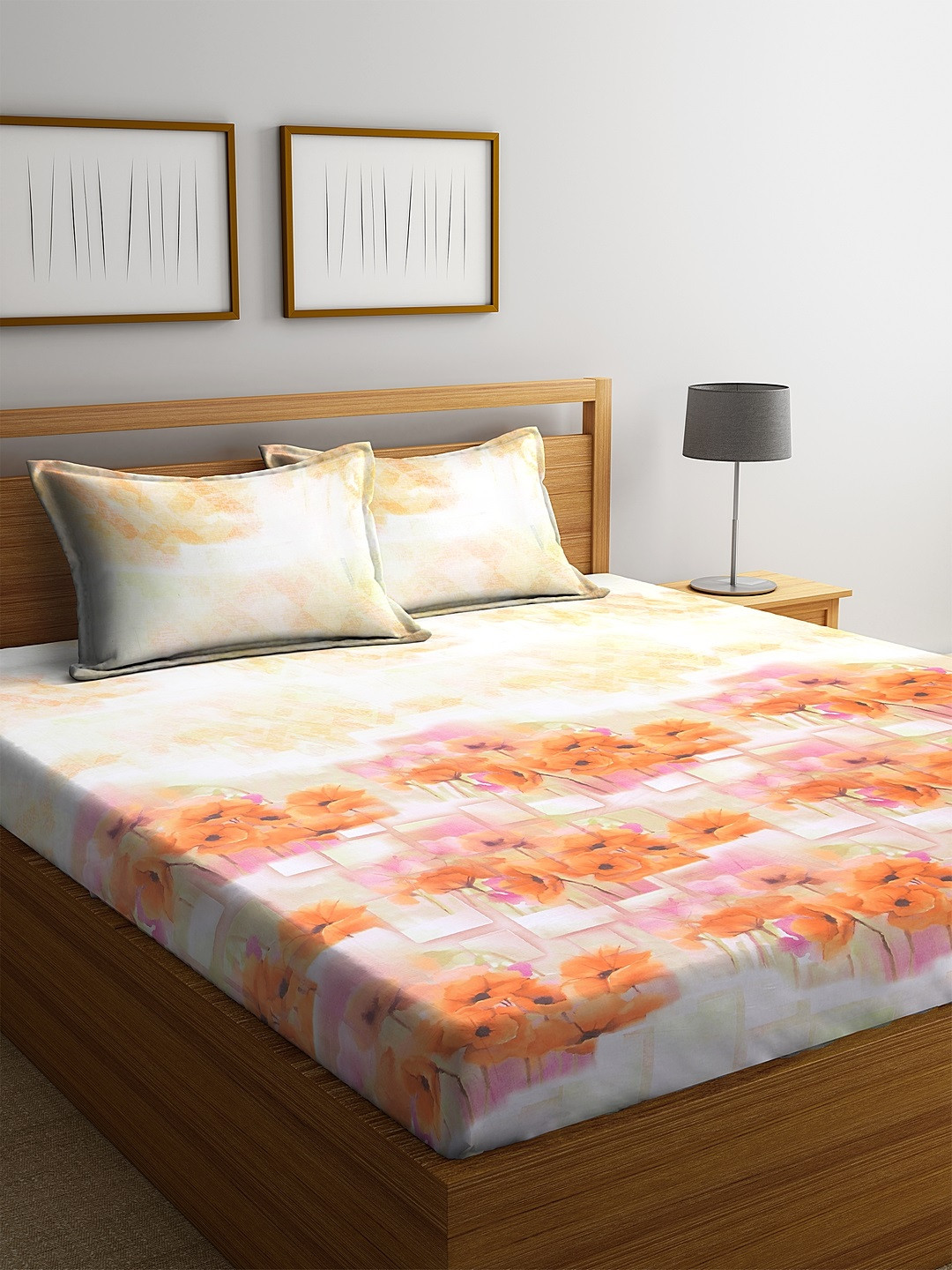 

BOMBAY DYEING Orange & Pink Floral 144 TC Cotton 1 Queen Bedsheet with 2 Pillow Covers