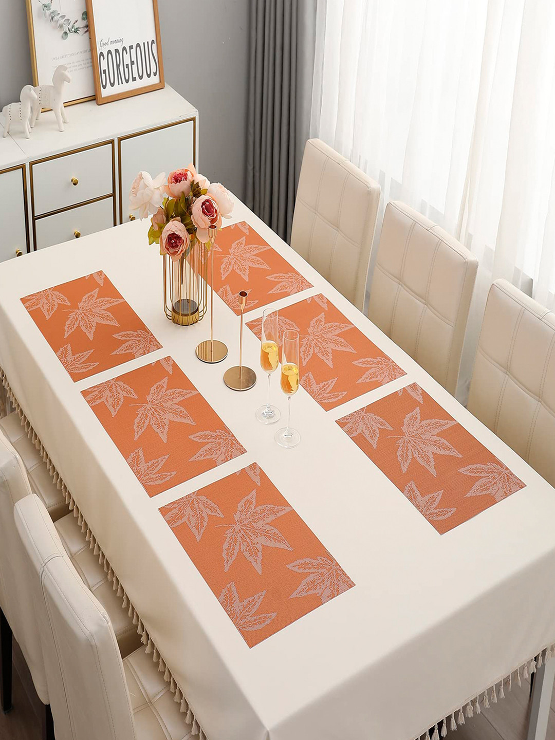 HOKIPO Set of 6 Orange Floral Printed Table Placemats
