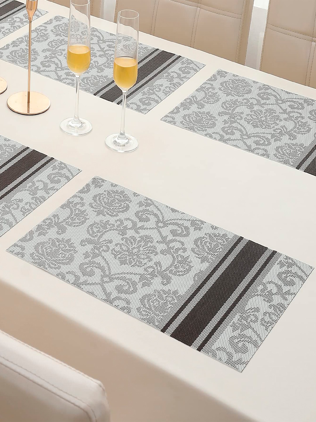 

HOKIPO Grey & Cream 6 Pieces Ethnic Motifs Printed Table Placemats