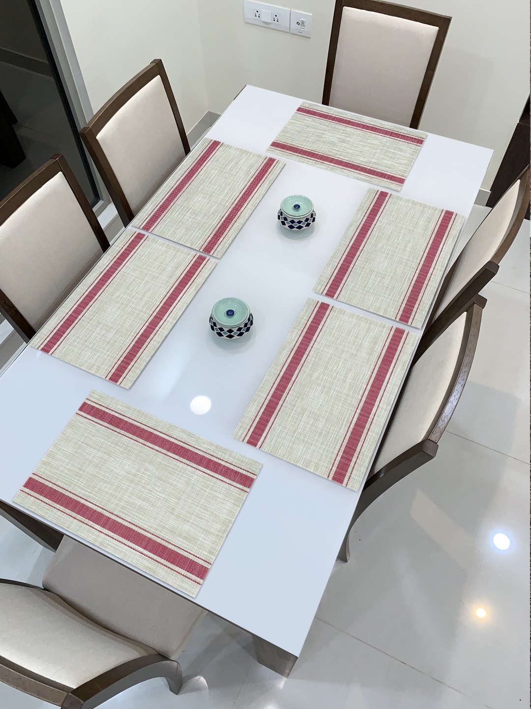 

HOKIPO Set of 6 Green & White Striped Table Placemats, Beige