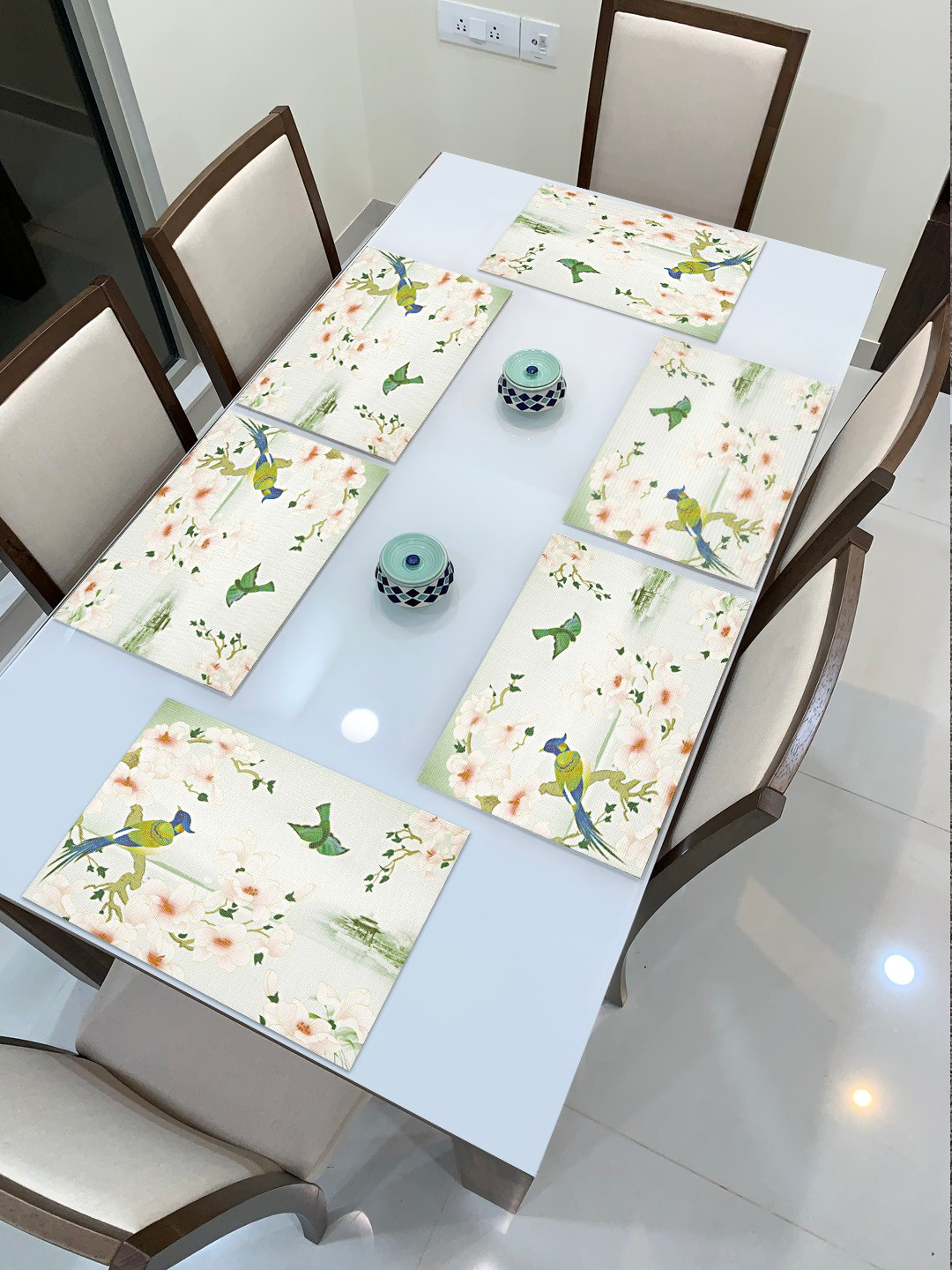 

HOKIPO Set of 6 White & Green Printed Table Placemats