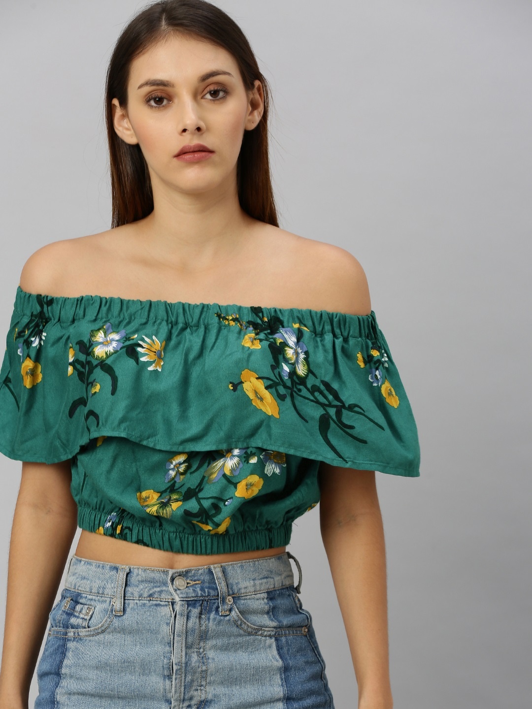 

HERE&NOW Women Green and Yellow Floral Printed Layered Cropped Bardot Top