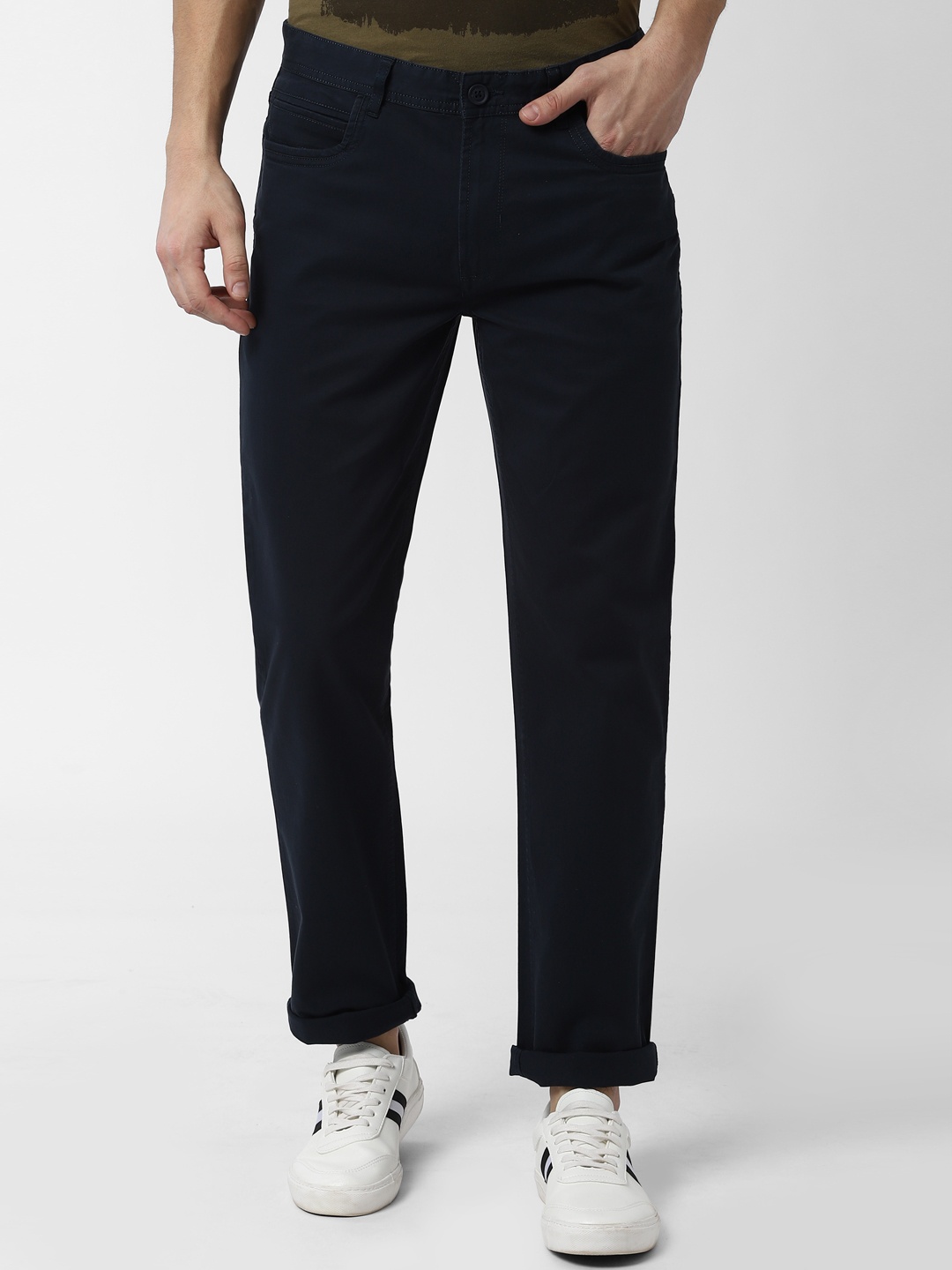 

Peter England Men Navy Blue Slim Fit Solid Regular Trousers