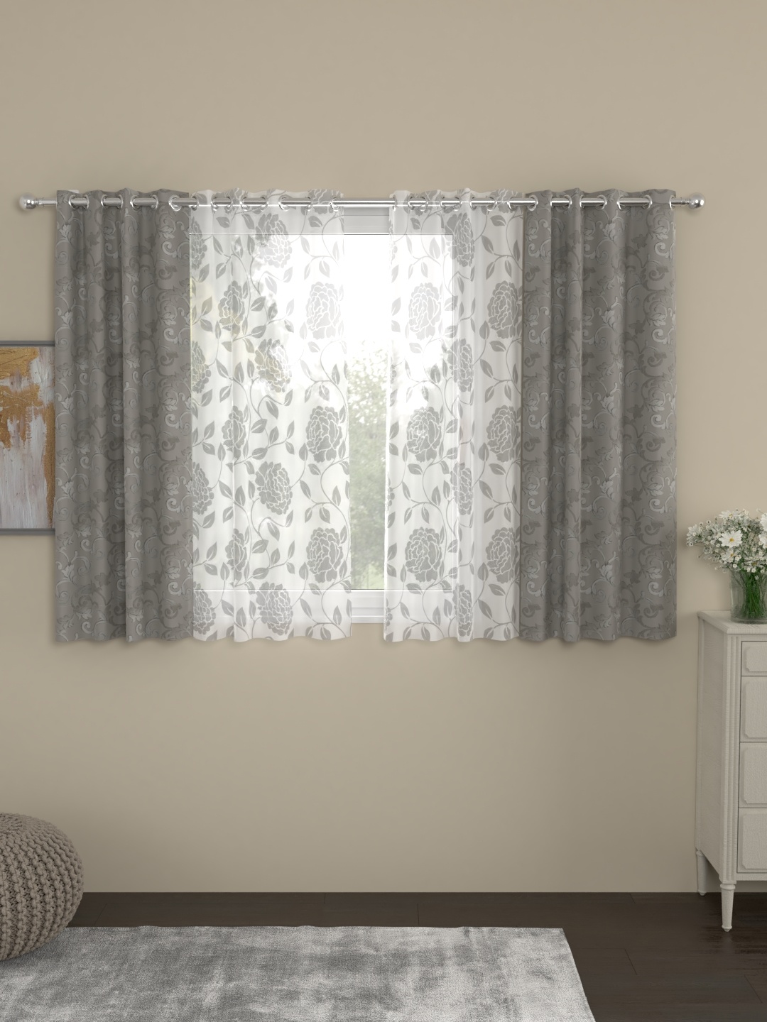 

ROSARA HOME Grey & White Set of 4 Window Curtains
