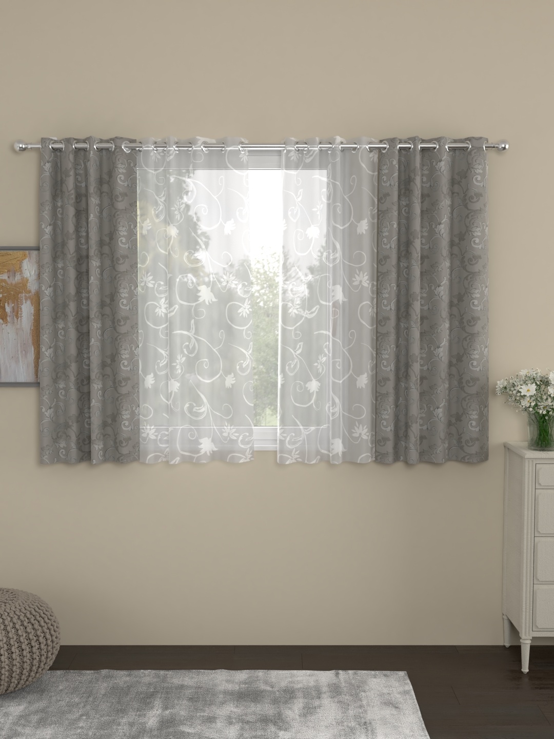 

ROSARA HOME Grey & White Set of 4 Window Curtains