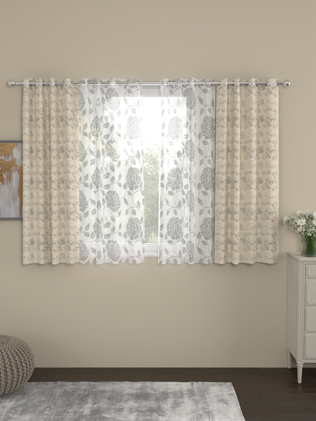 

ROSARA HOME Beige & White Set of 4 Window Curtains