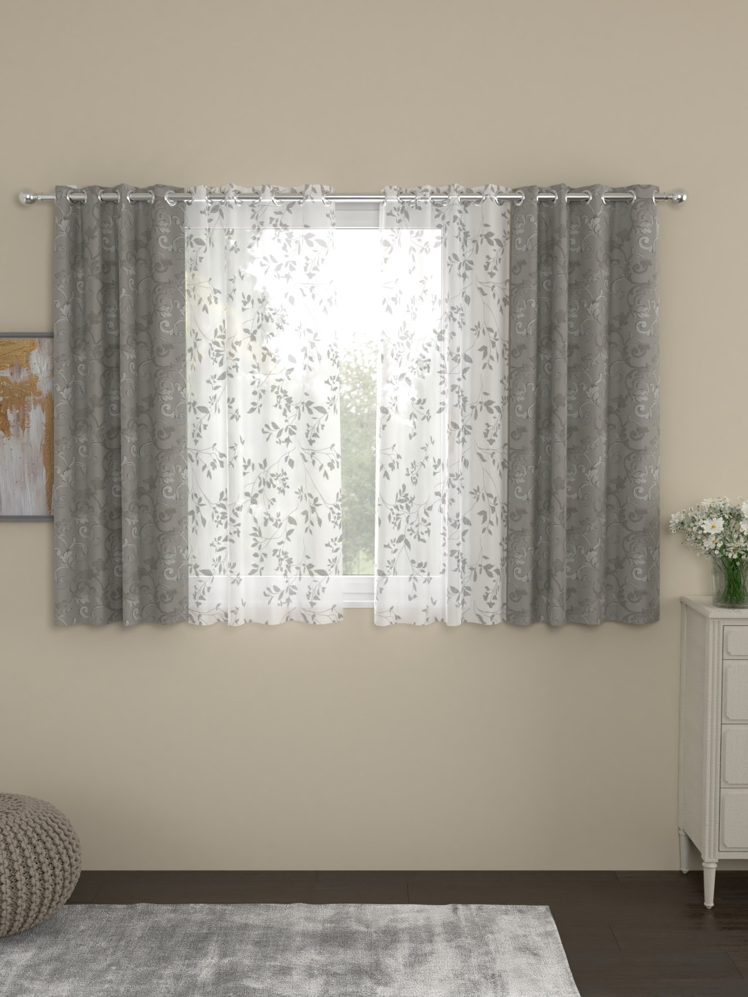 

ROSARA HOME Grey & White Set of 4 Window Curtains