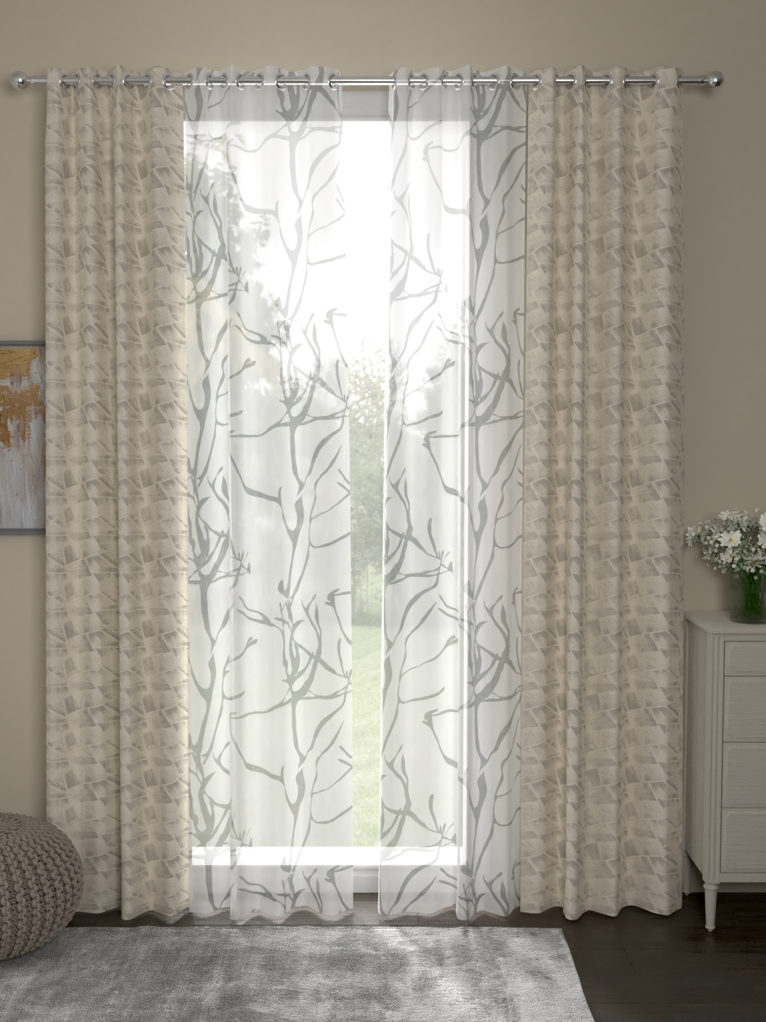 

ROSARA HOME Beige & Off-White Set of 4 Door Curtains