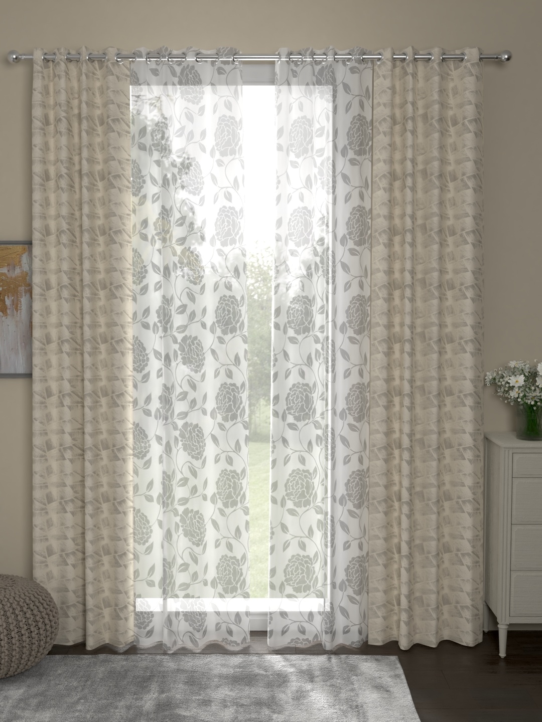 

ROSARA HOME Beige & White Set of 4 Door Curtains