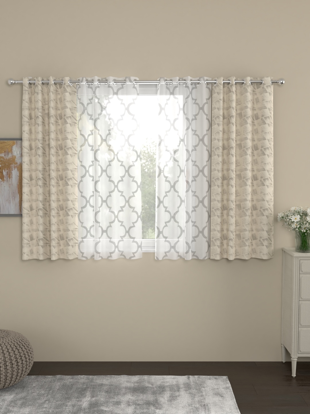 

ROSARA HOME Beige & White Set of 4 Window Curtains