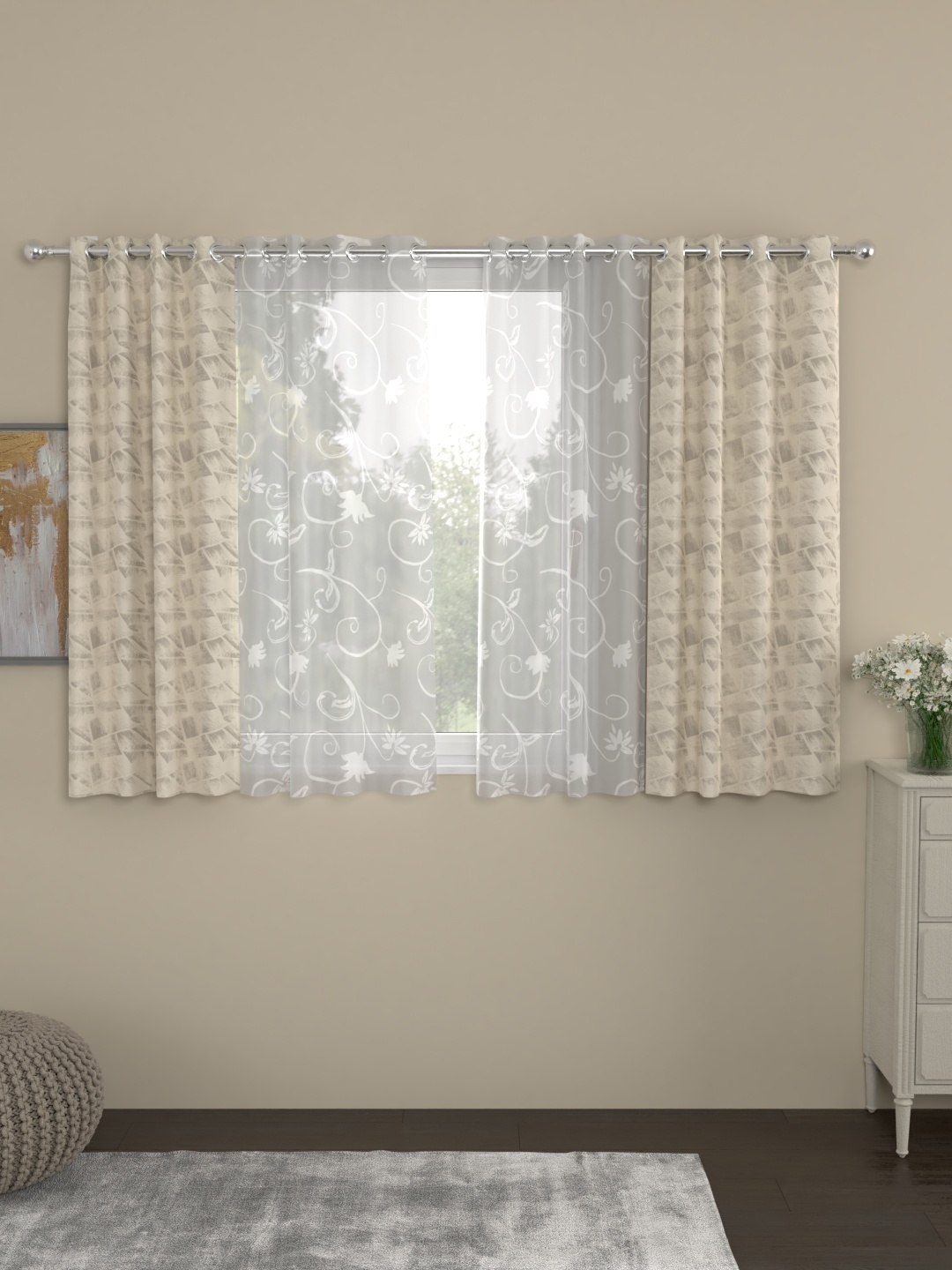 

ROSARA HOME Beige & Off-White Set of 4 Window Curtains
