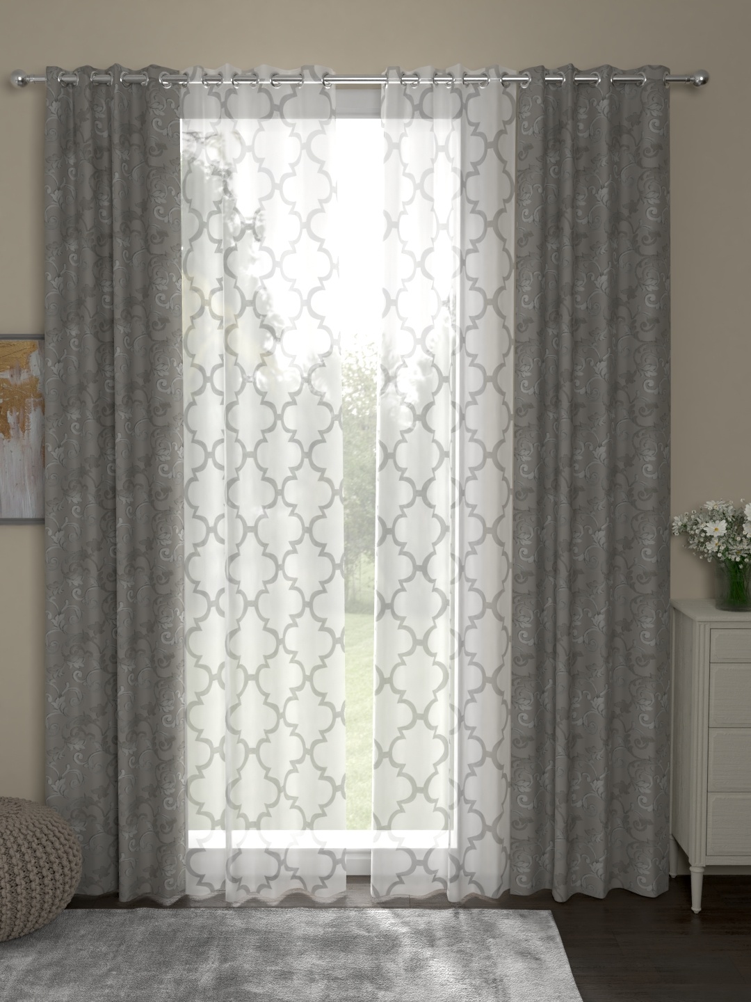 

ROSARA HOME Grey & White Set of 4 Door Curtains