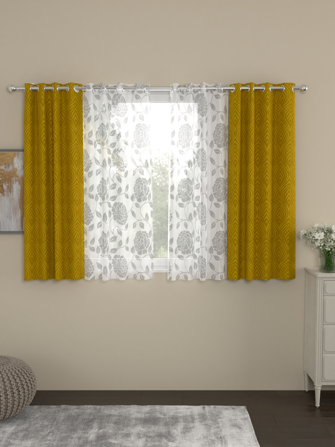 

ROSARA HOME Mustard Yellow & White Set of 4 Window Curtains