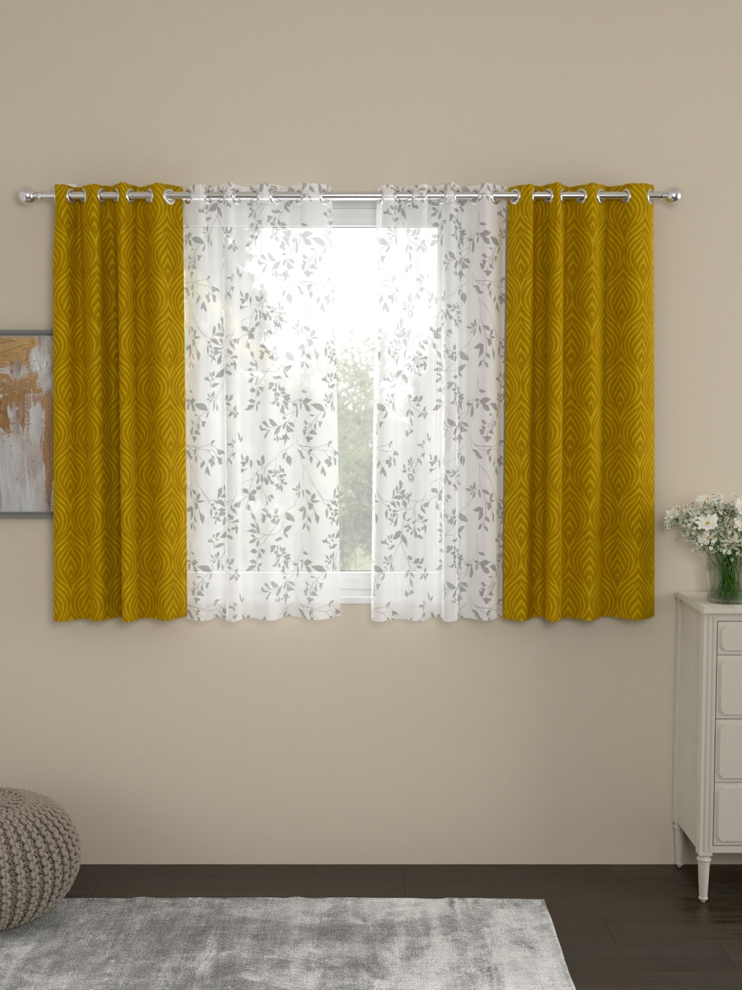 

ROSARA HOME Mustard Yellow & White Set of 4 Window Curtains