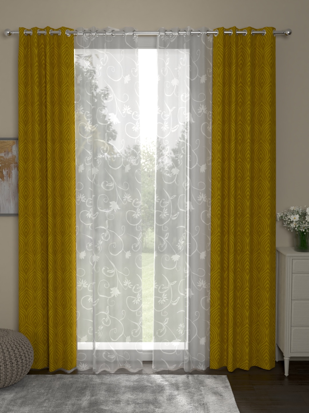 

ROSARA HOME Mustard Yellow & White Set of 4 Door Curtains
